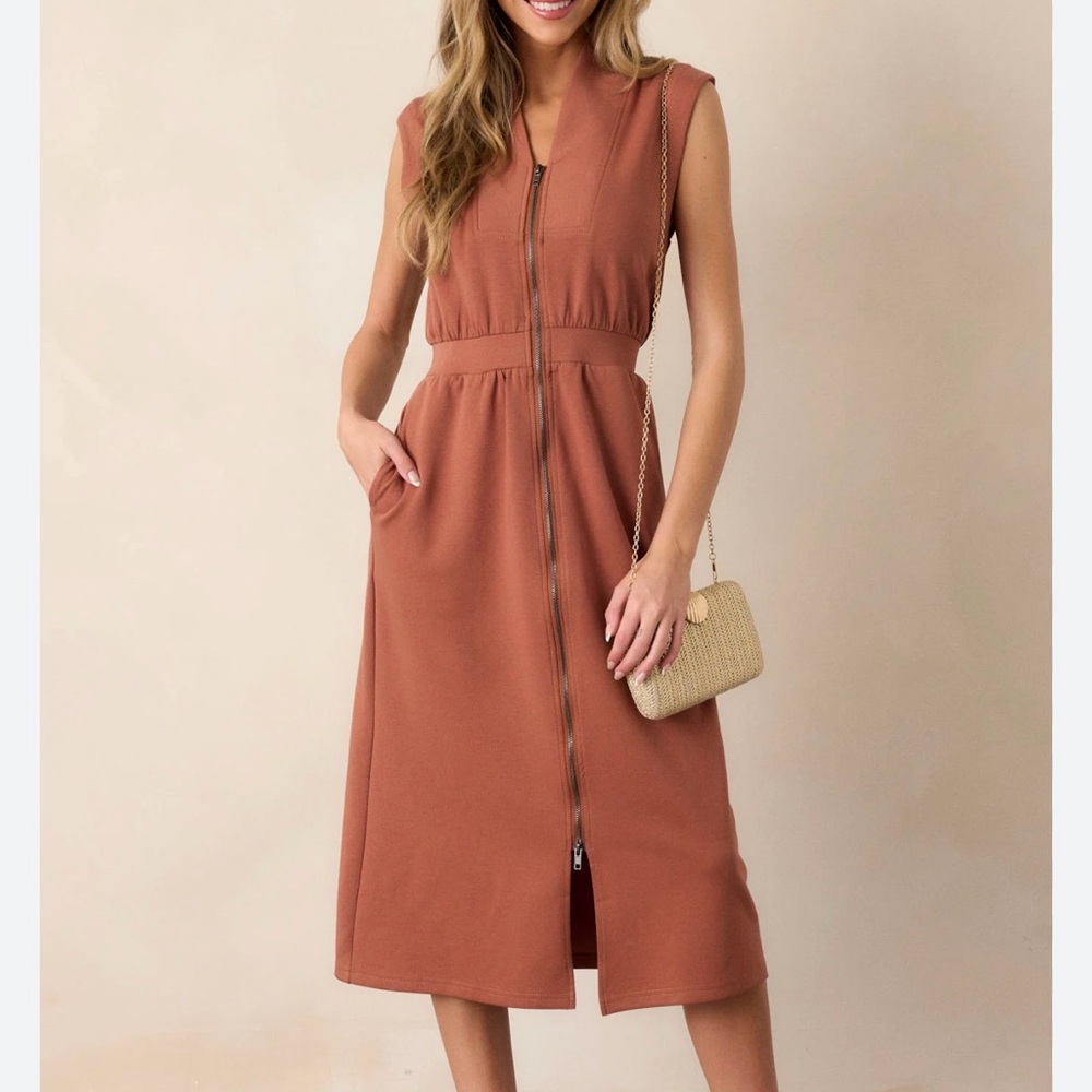 Entro Zipper Front Sleeveless Brown Midi Dress